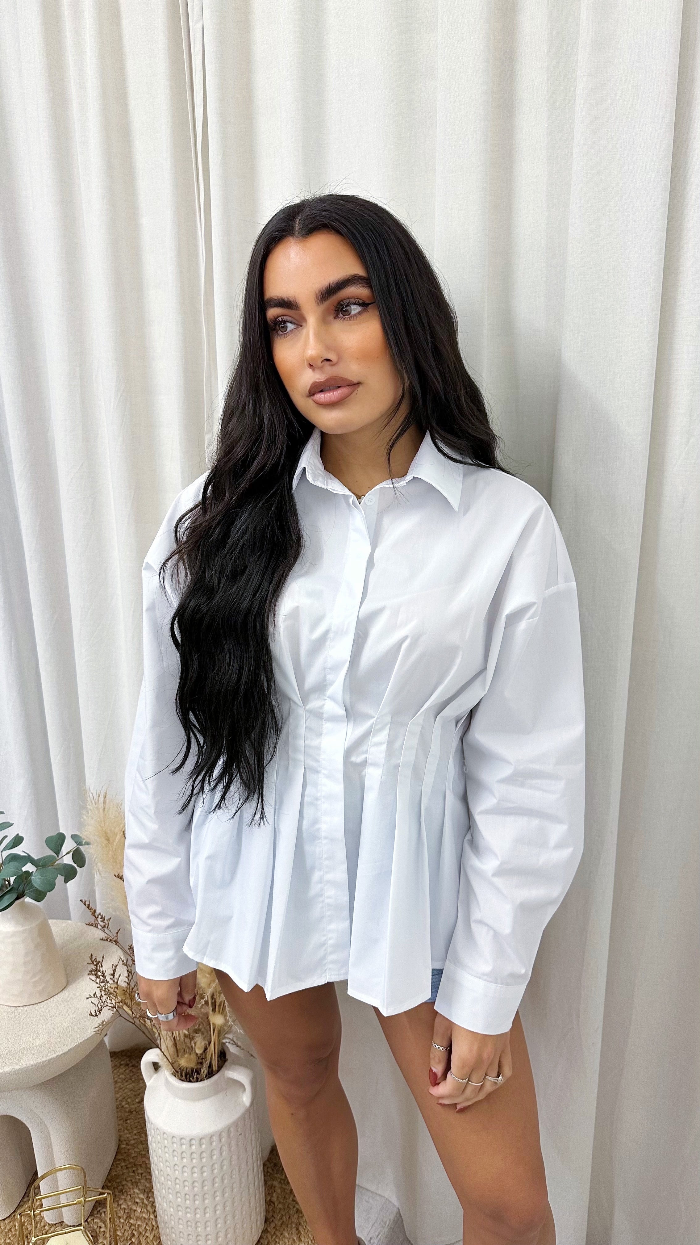 Pleated Cinched Waist Shirt - WHITE