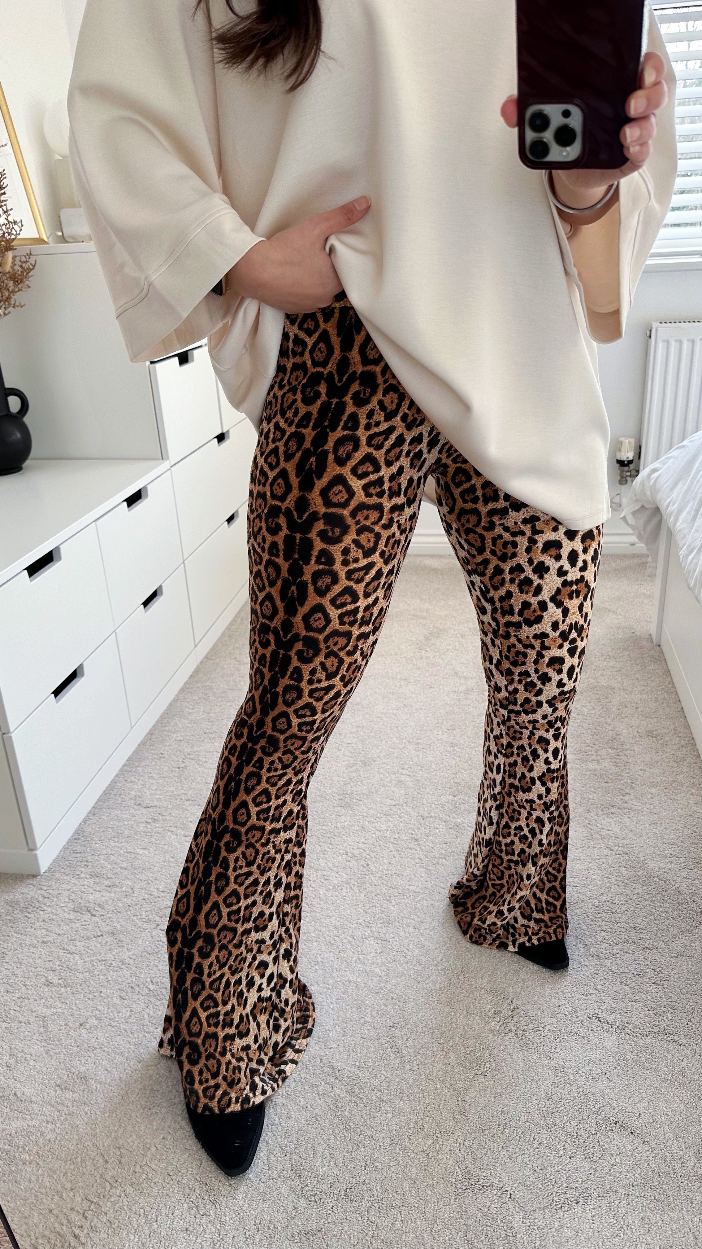 Leopard Print High Waisted Slim Fit Flare Trousers - LIGHT LEOPARD
