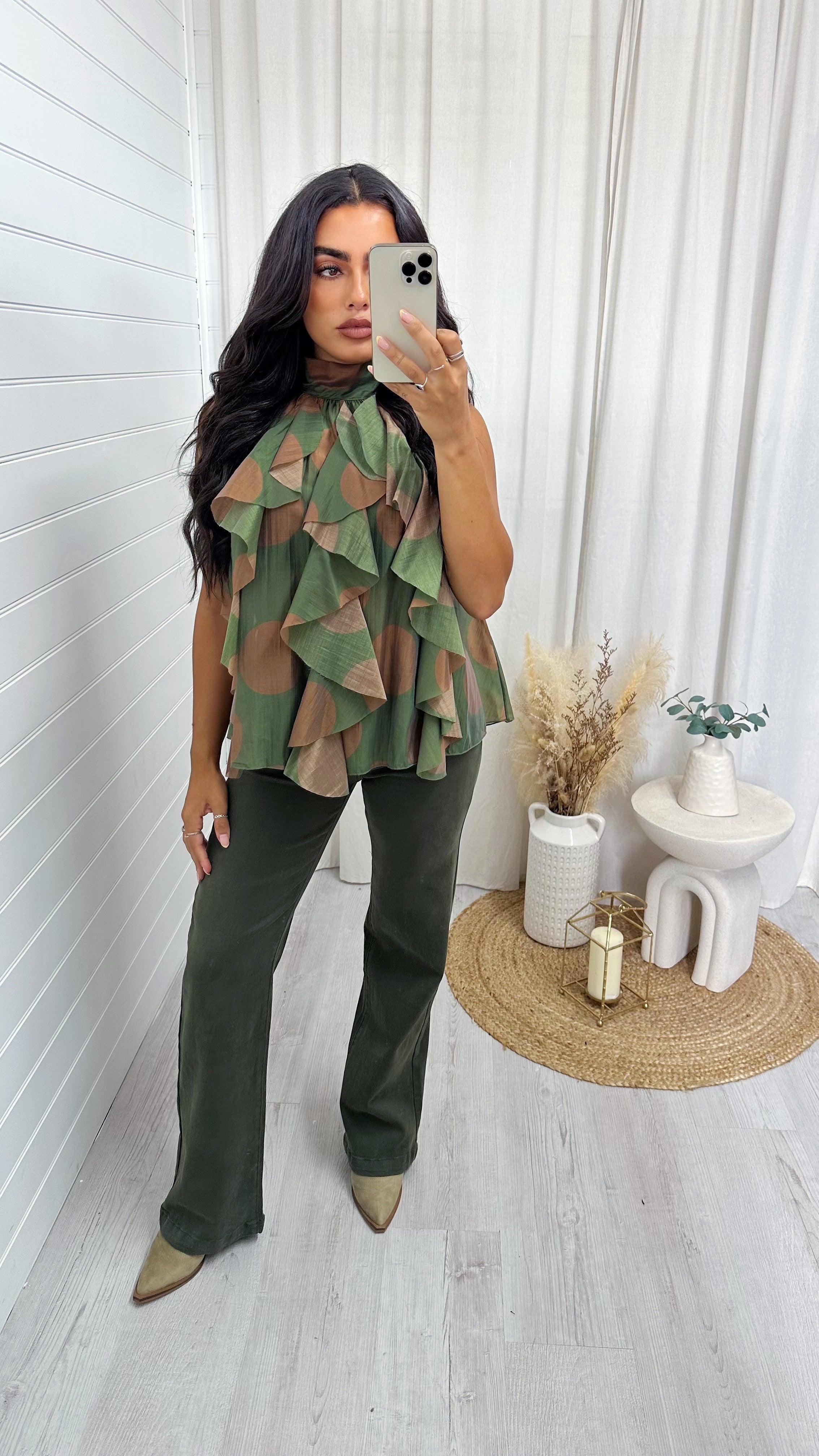 Halter Neck Chiffon Ruffle Front Top - KHAKI
