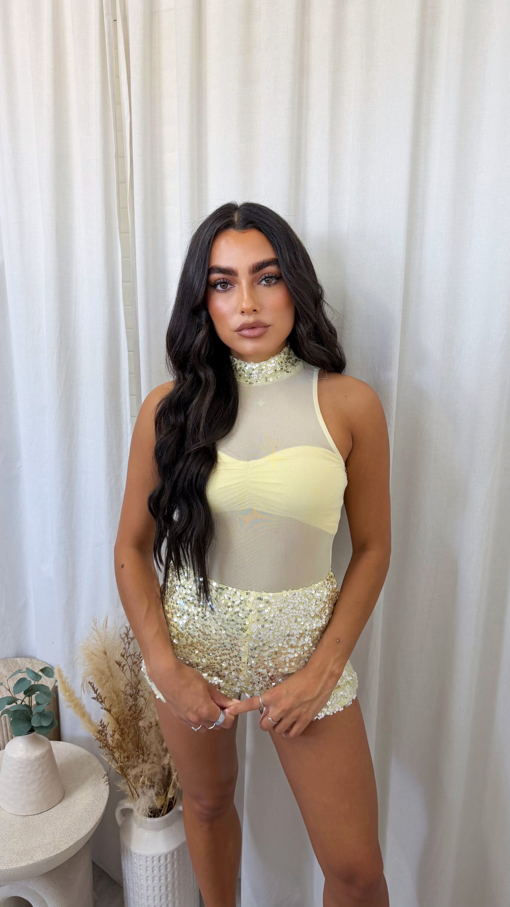 3 Piece Sequin Mesh Bodysuit, Bralette and Shorts Co-Ord - LEMON