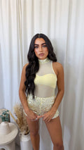 3 Piece Sequin Mesh Bodysuit, Bralette and Shorts Co-Ord - LEMON