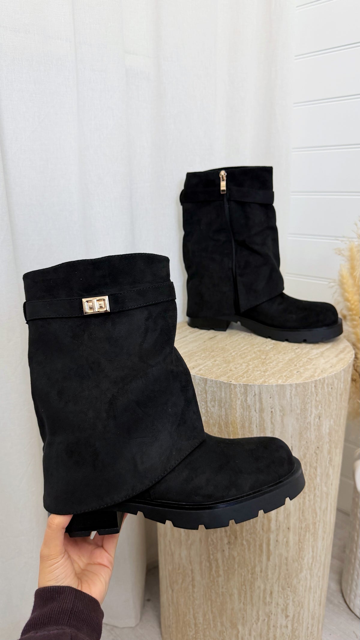 Gold Buckle Fold Over Boots - BLACK