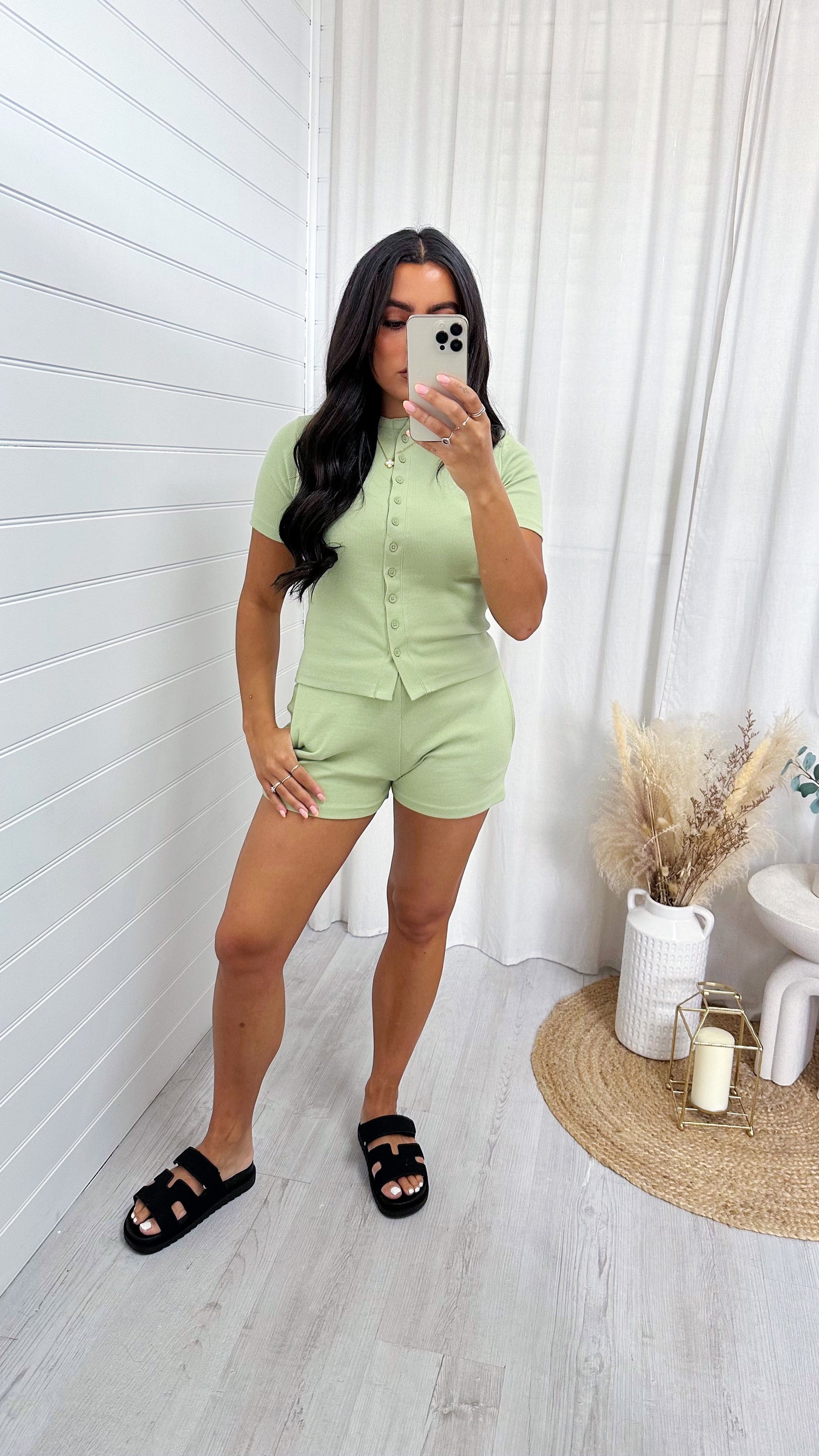 Ribbed Button Crop Top and Shorts Co-Ord - SAGE