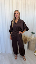 Satin Shirt and Cuffed Trousers Co-Ord - BROWN