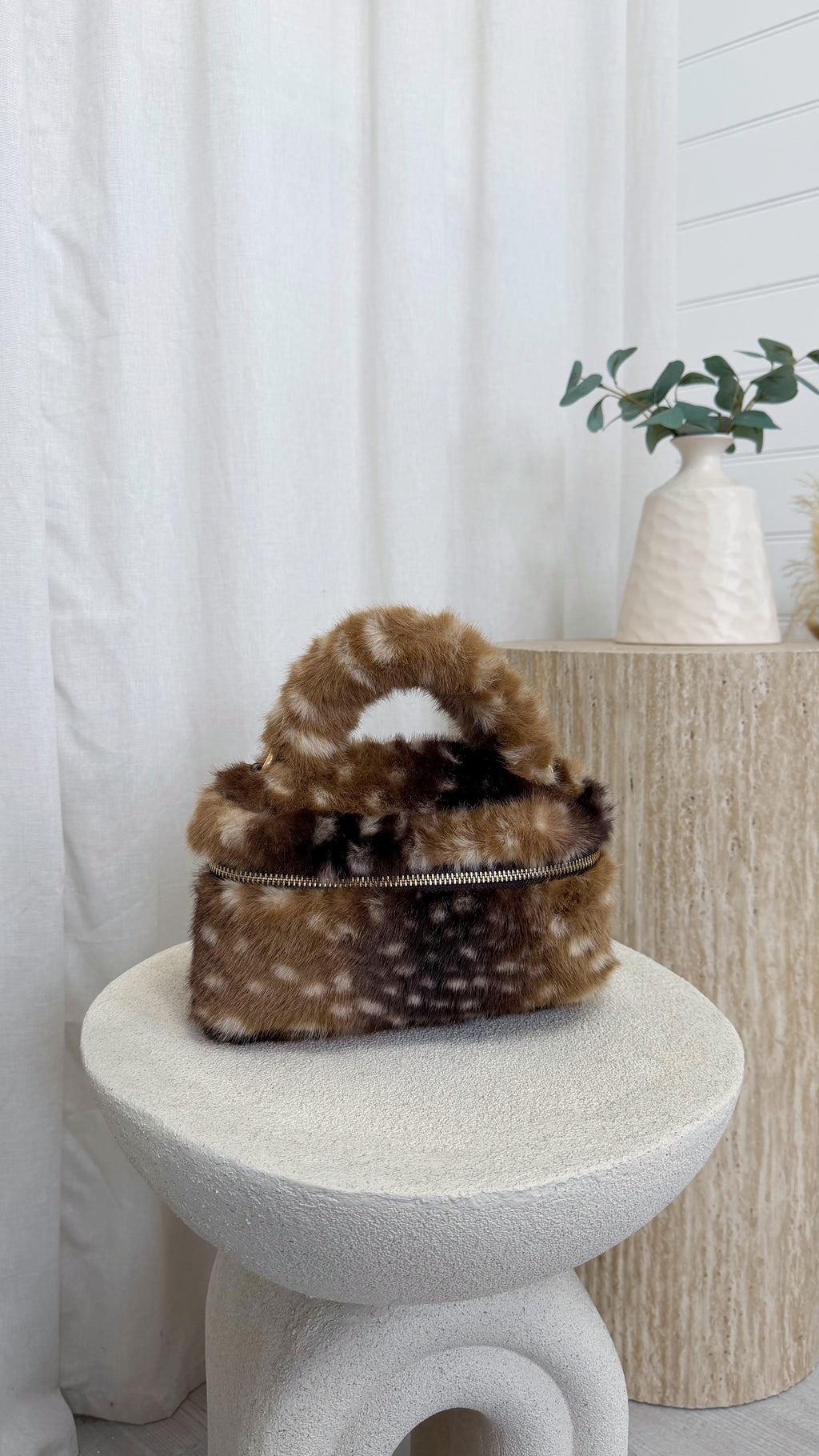 Top Handle Faux Fur Deer Print Bag