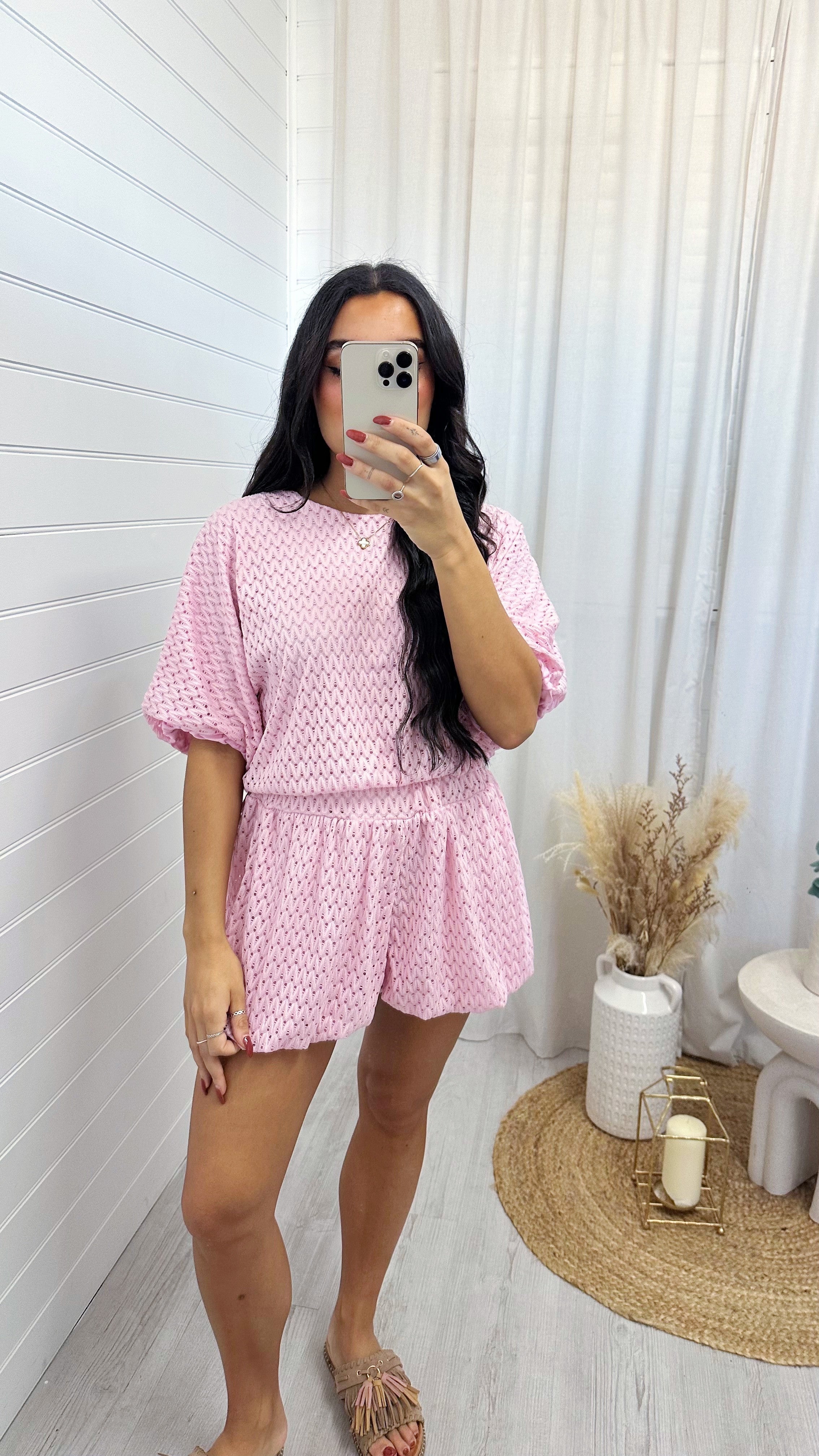 Laser Cut Mesh Balloon Top and Shorts Co-Ord - PINK