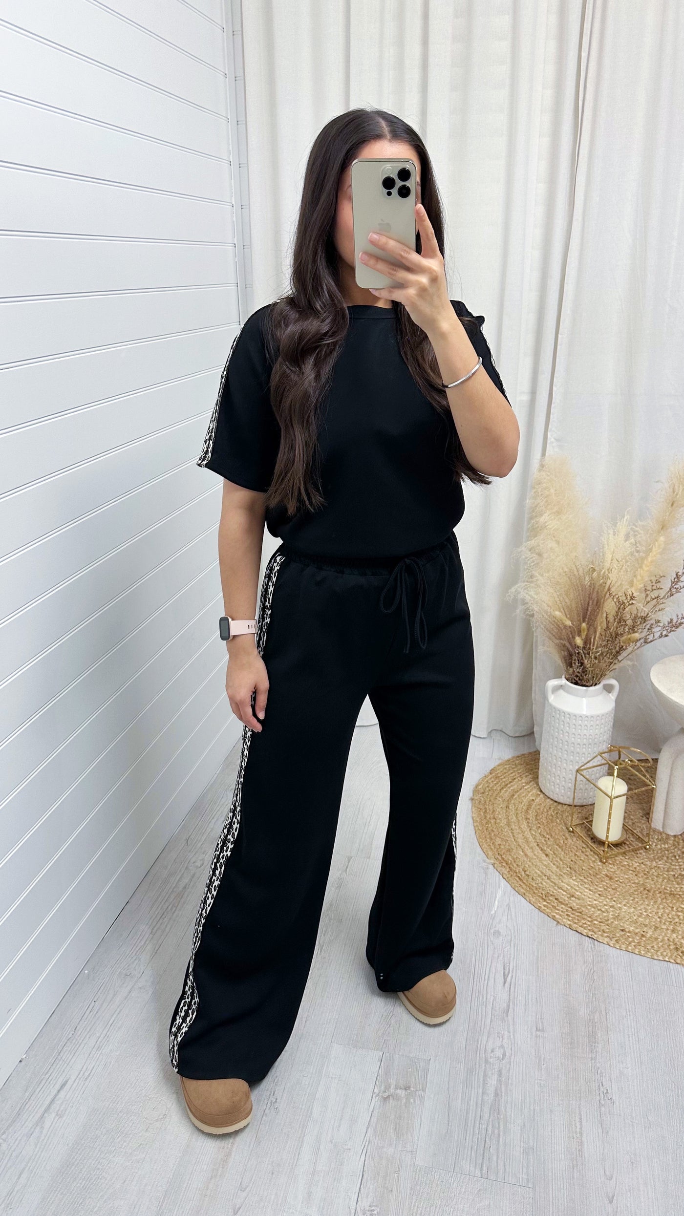 Leopard Trim Plain T-Shirt and Joggers Co-Ord - BLACK