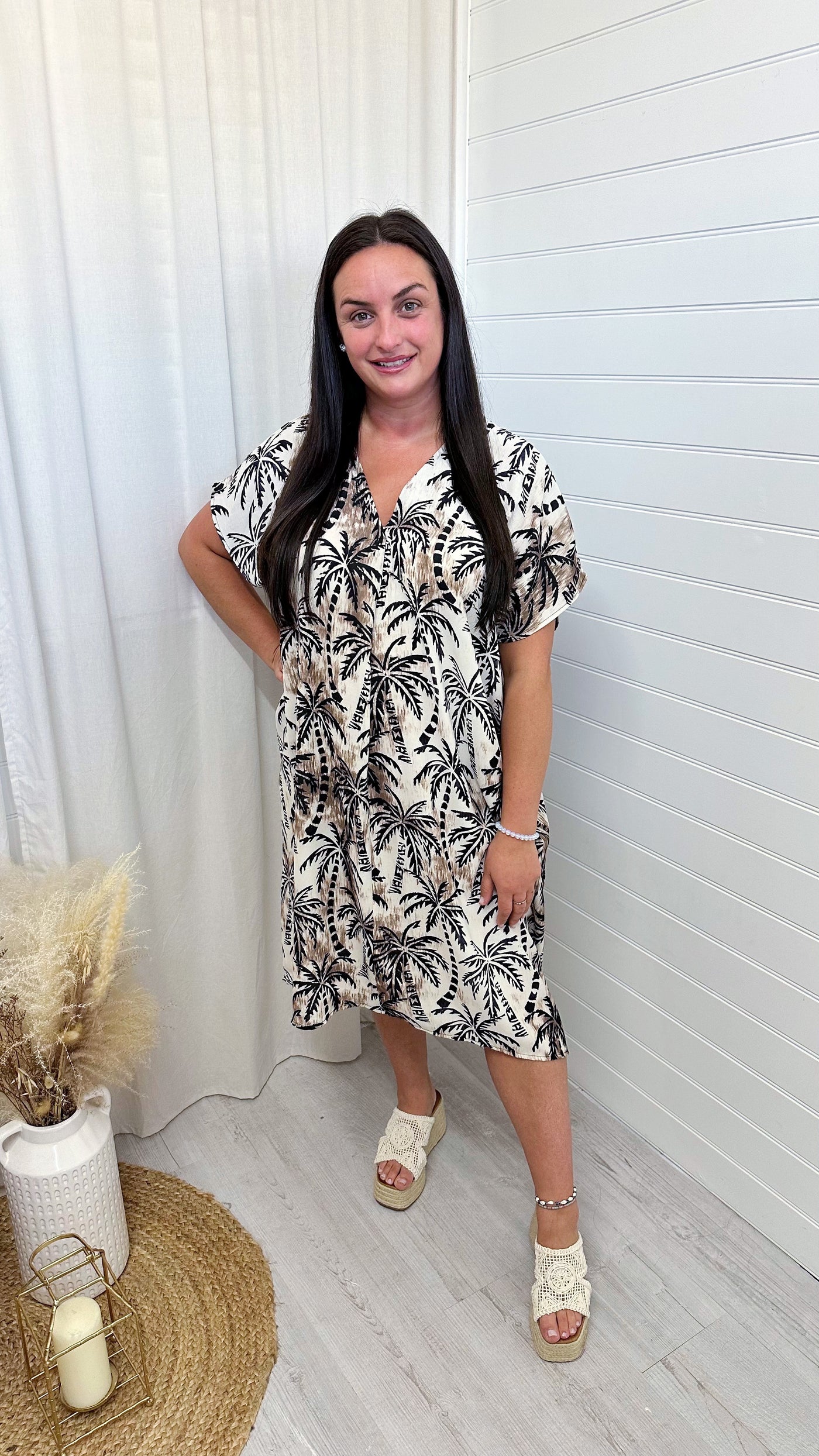 PLUS Palm Tree Midi Dress - BLACK