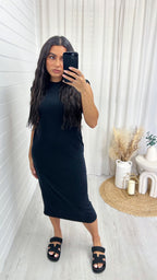 Soft Ribbed Sleeveless Midi Dress - BLACK