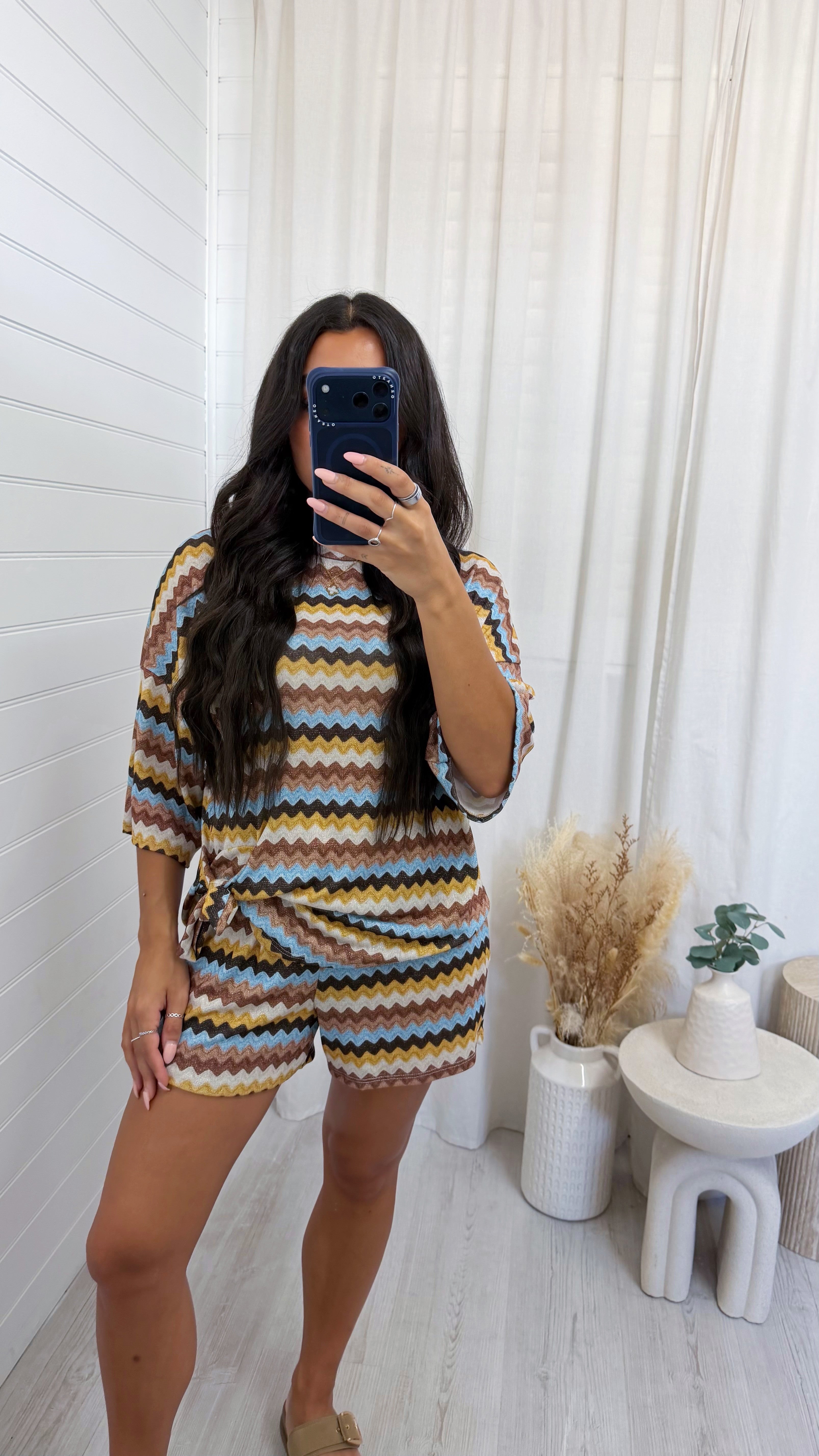 Zig Zag Tie Front T-Shirt and Shorts Co-Ord - BROWN/BLUE