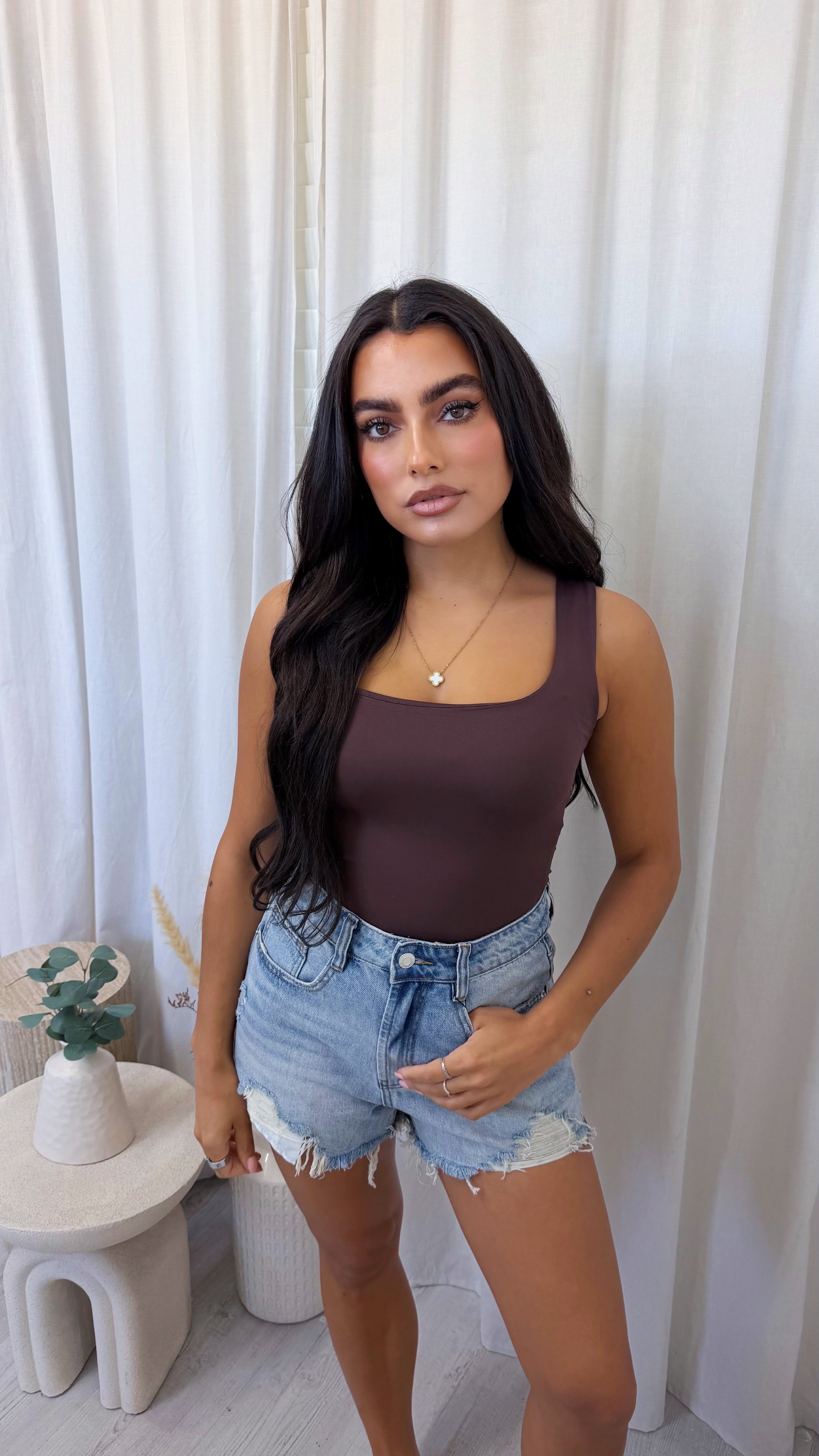 Basic Square Neck Vest Top - BROWN