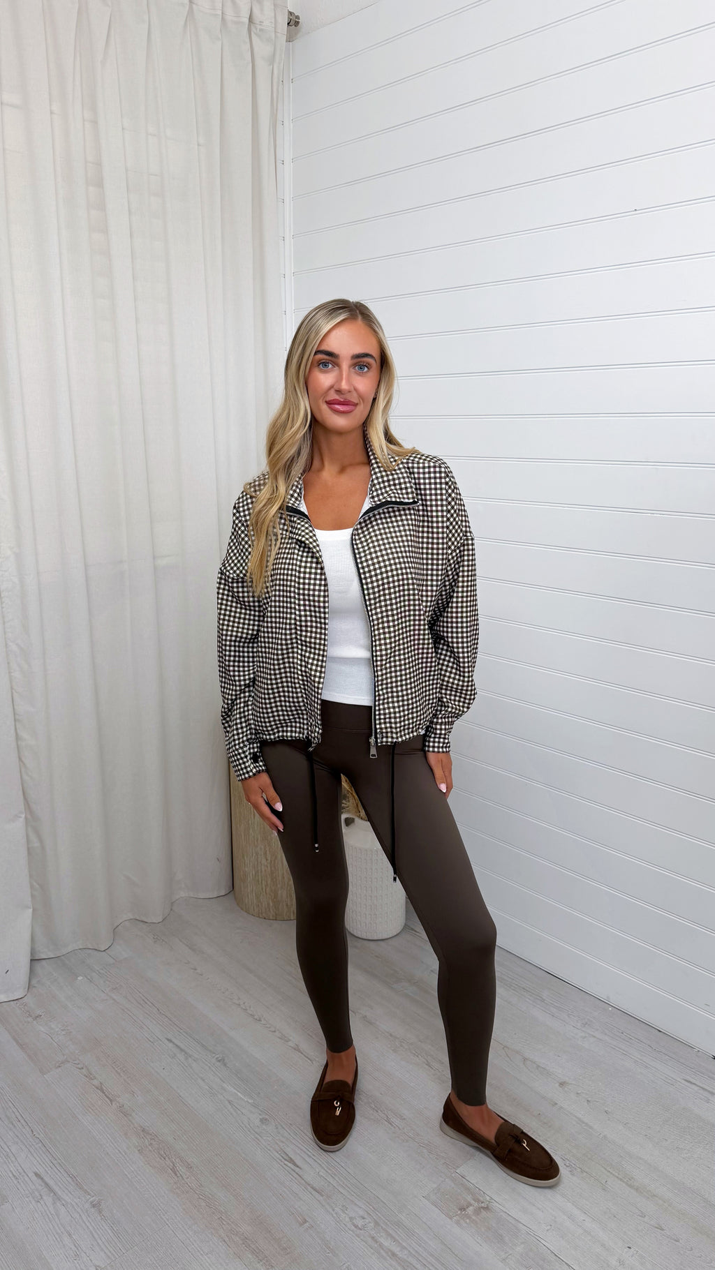 Gingham Toggle Bottom Bomber Jacket - BROWN