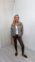 Gingham Toggle Bottom Bomber Jacket - BROWN