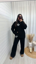 Chunky Ribbed Knit Logo Top and Trouser Co-Ord - BLACK
