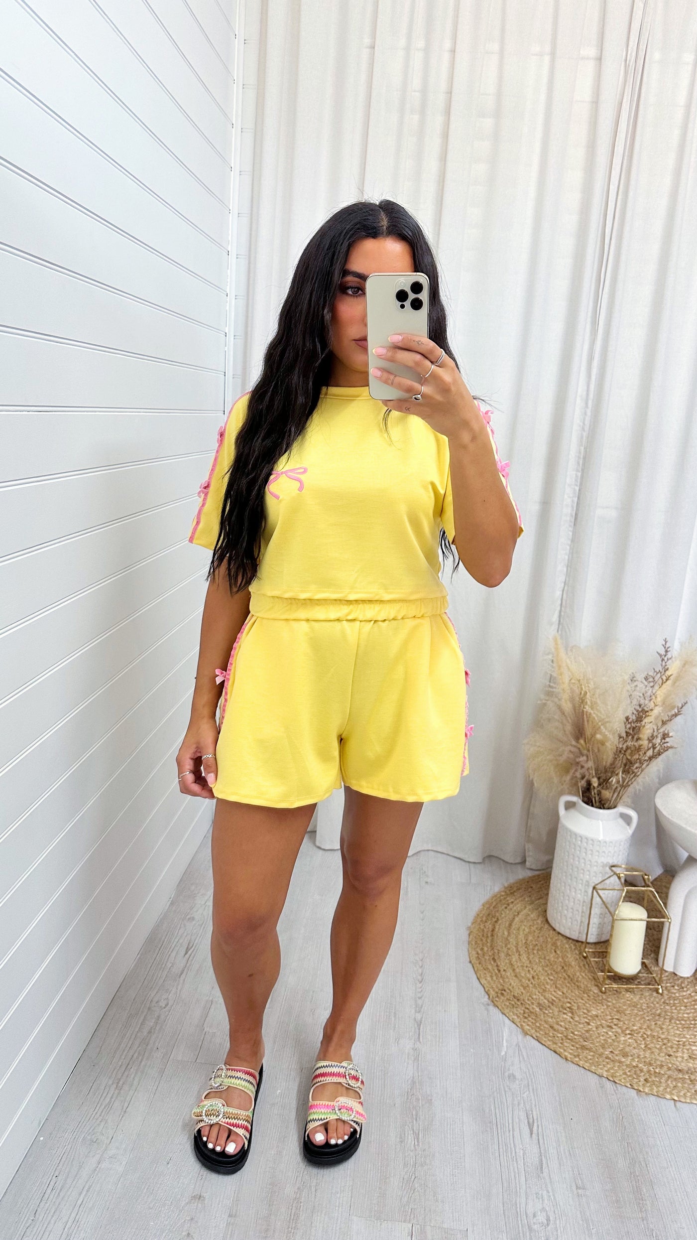 Velvet Bow Crop Top and Shorts Co-Ord - YELLOW