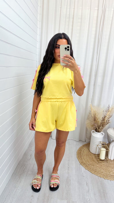Velvet Bow Crop Top and Shorts Co-Ord - YELLOW
