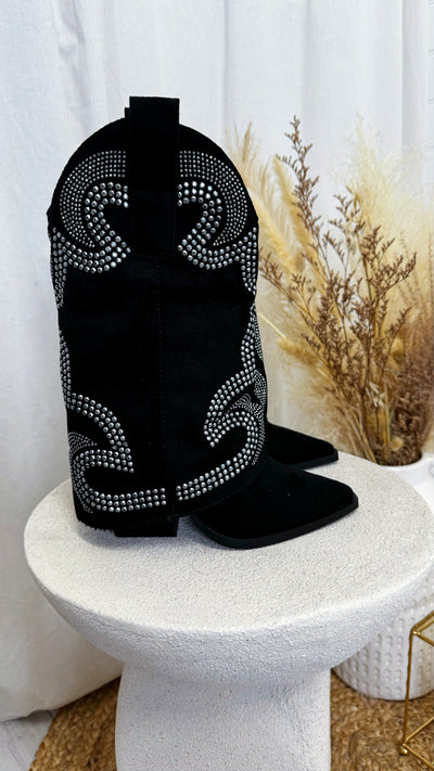 Fold Over Stud Cowboy Boots - BLACK