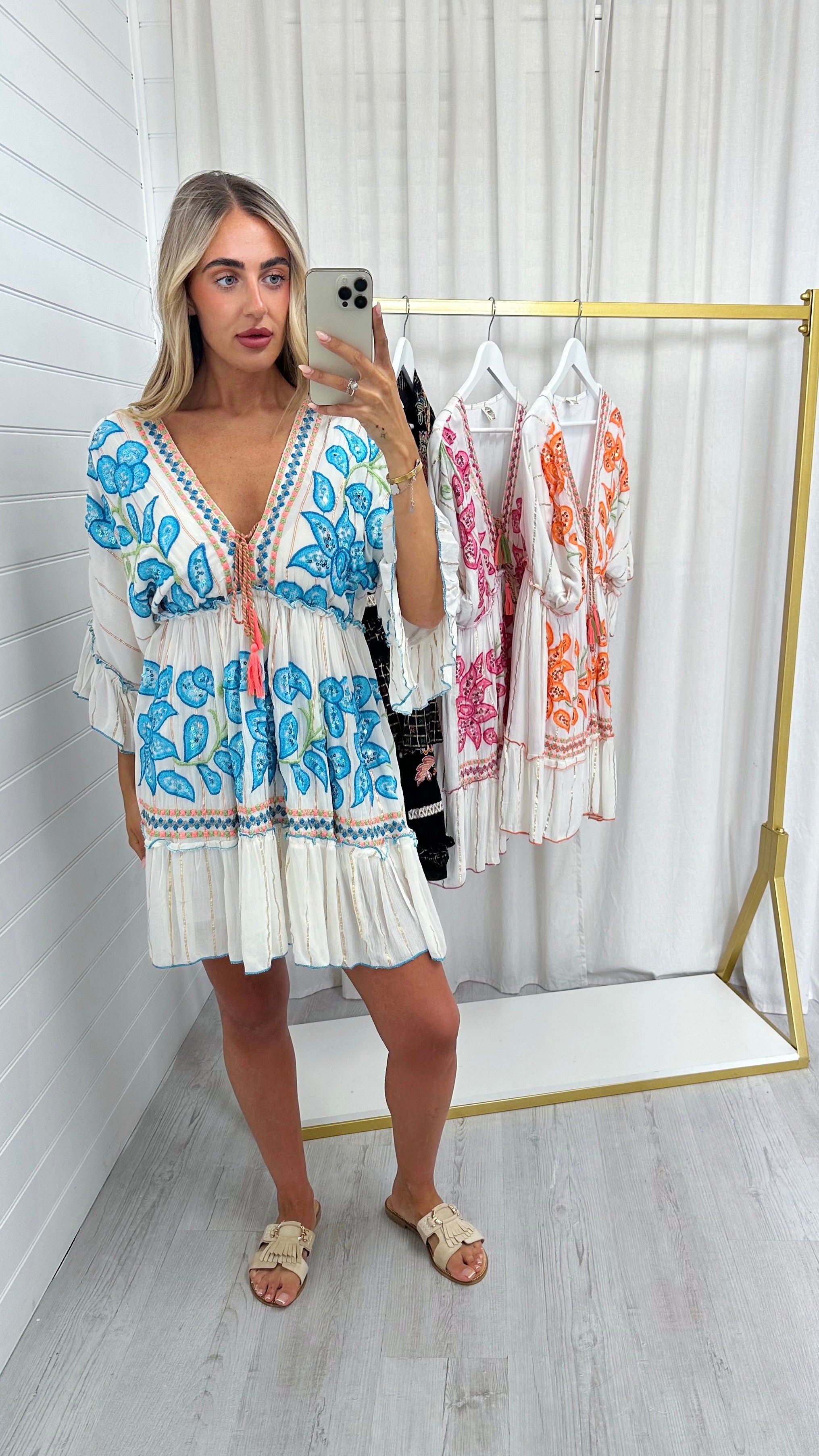 Sequin Floral Boho Dress - BLUE