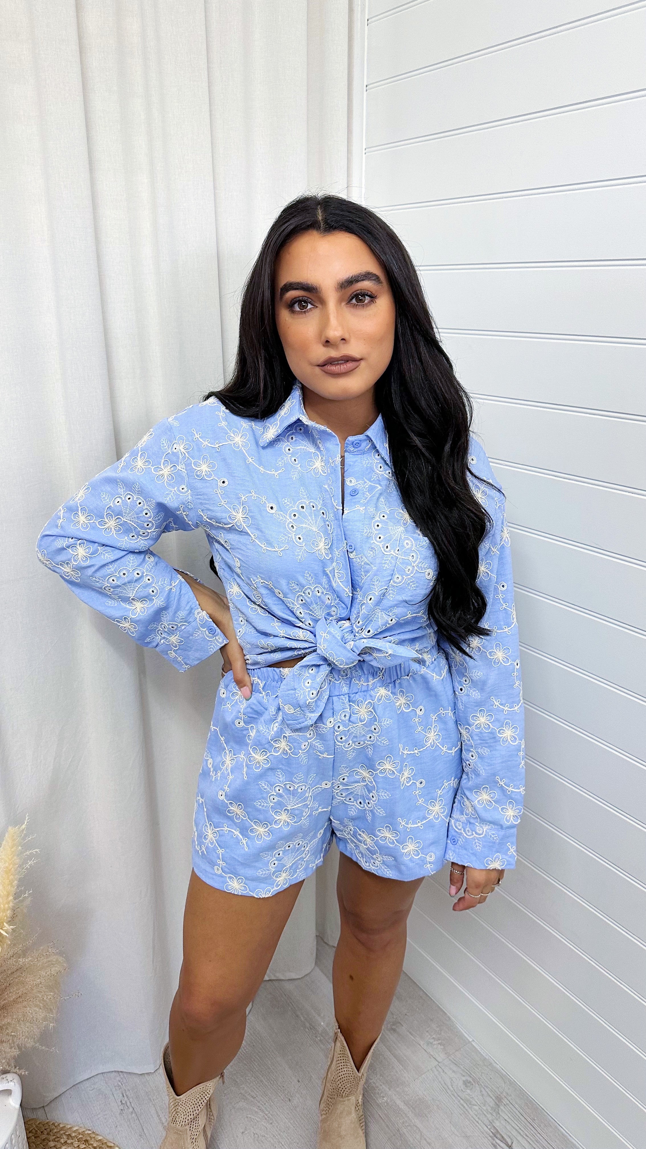 Embroidered Flower Pattern Shirt and Shorts Co-Ord - LIGHT BLUE