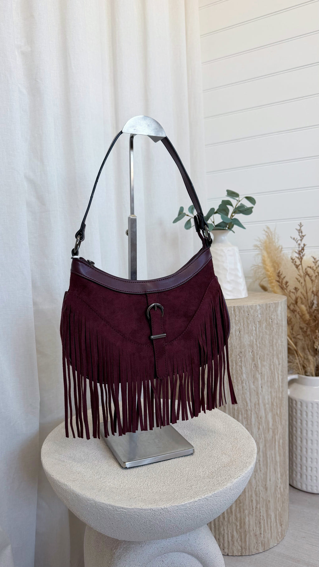 Suede Fringe Shoulder Bag - BURGUNDY
