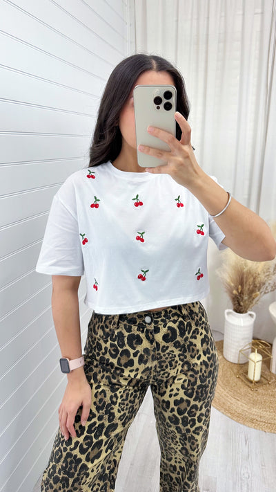 Embroidered Cherry Crop T-Shirt - WHITE