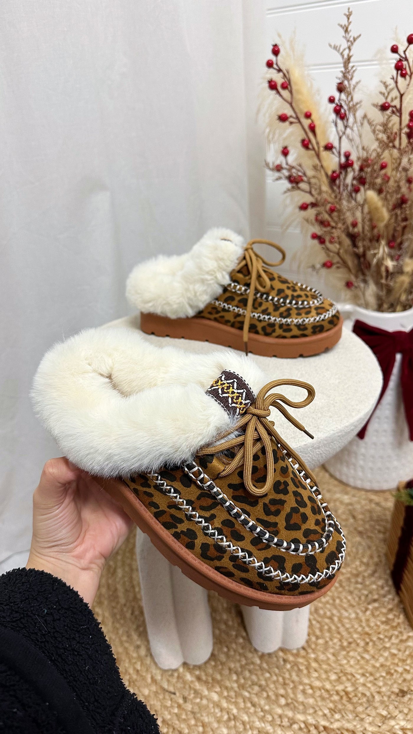 Fur Lined Embroidered Mules - LEOPARD PRINT