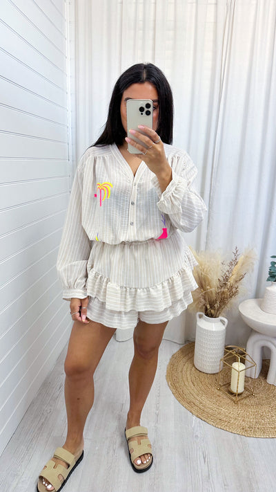 Neon Print Pinstripe Shirt and Frill Skort Co-Ord - BEIGE
