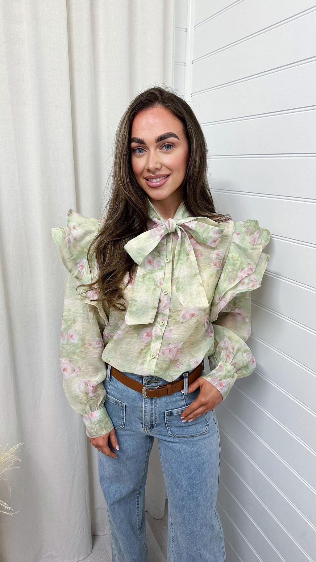 Frill Shoulder Sheer Floral Shirt - GREEN