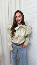 Frill Shoulder Sheer Floral Shirt - GREEN