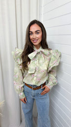 Frill Shoulder Sheer Floral Shirt - GREEN