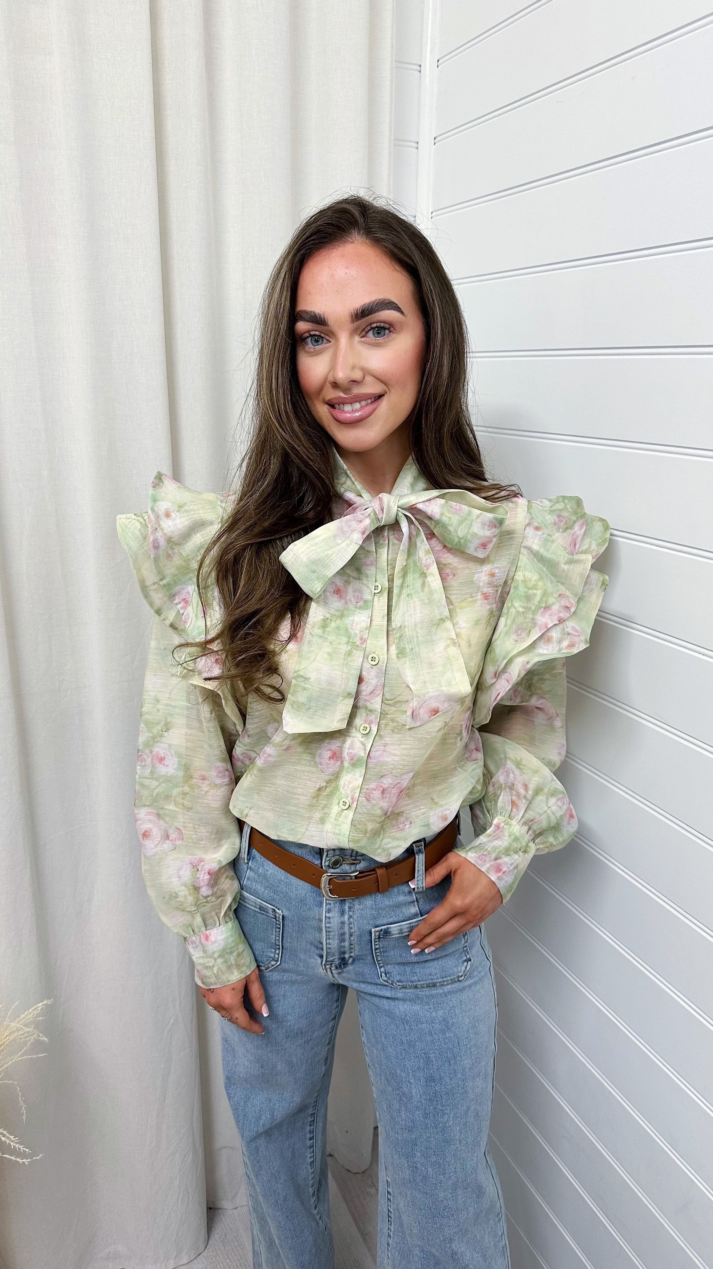 Frill Shoulder Sheer Floral Shirt - GREEN