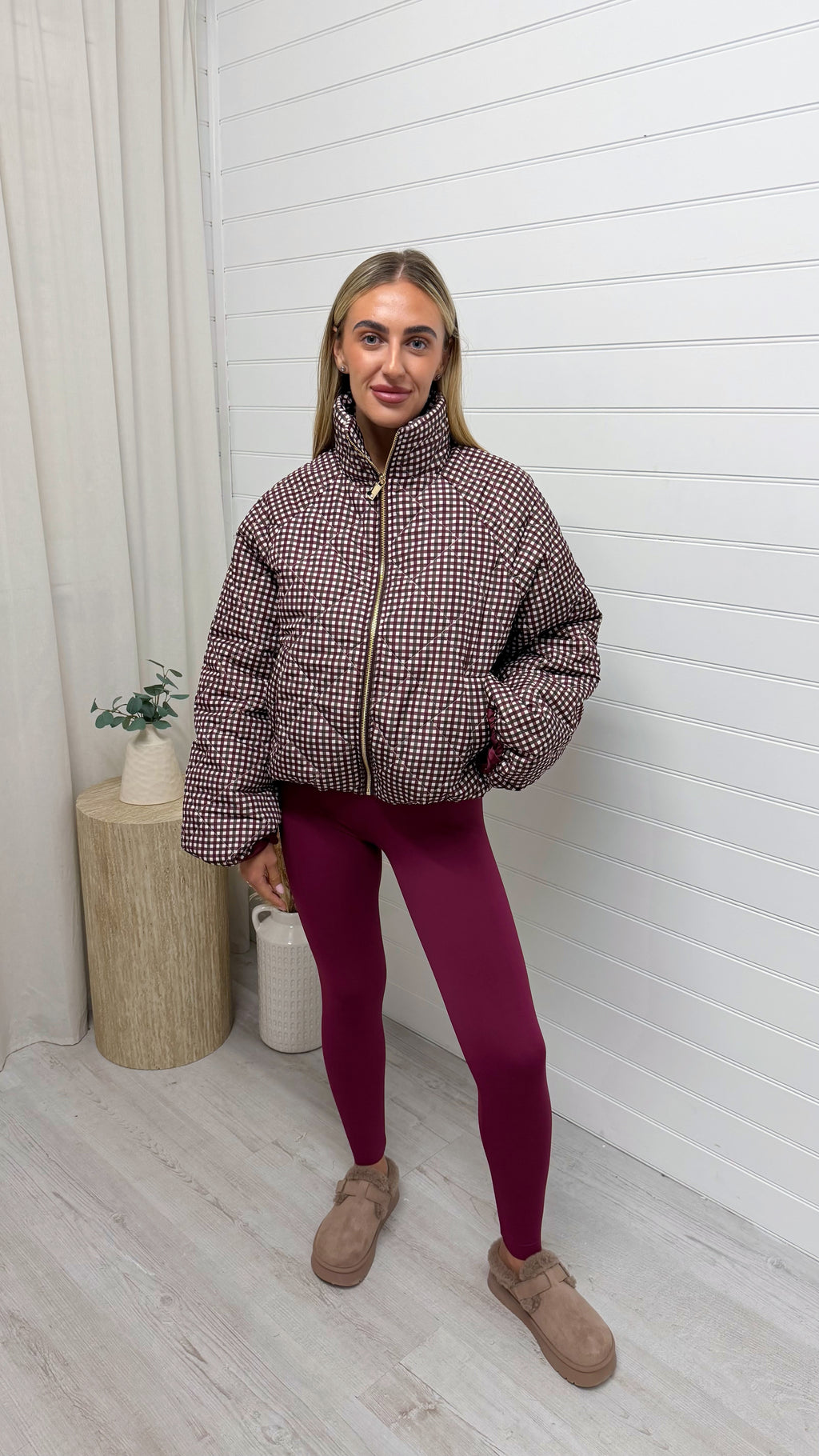 Quilted Gingham Bomber Jacket - BURGUNDY