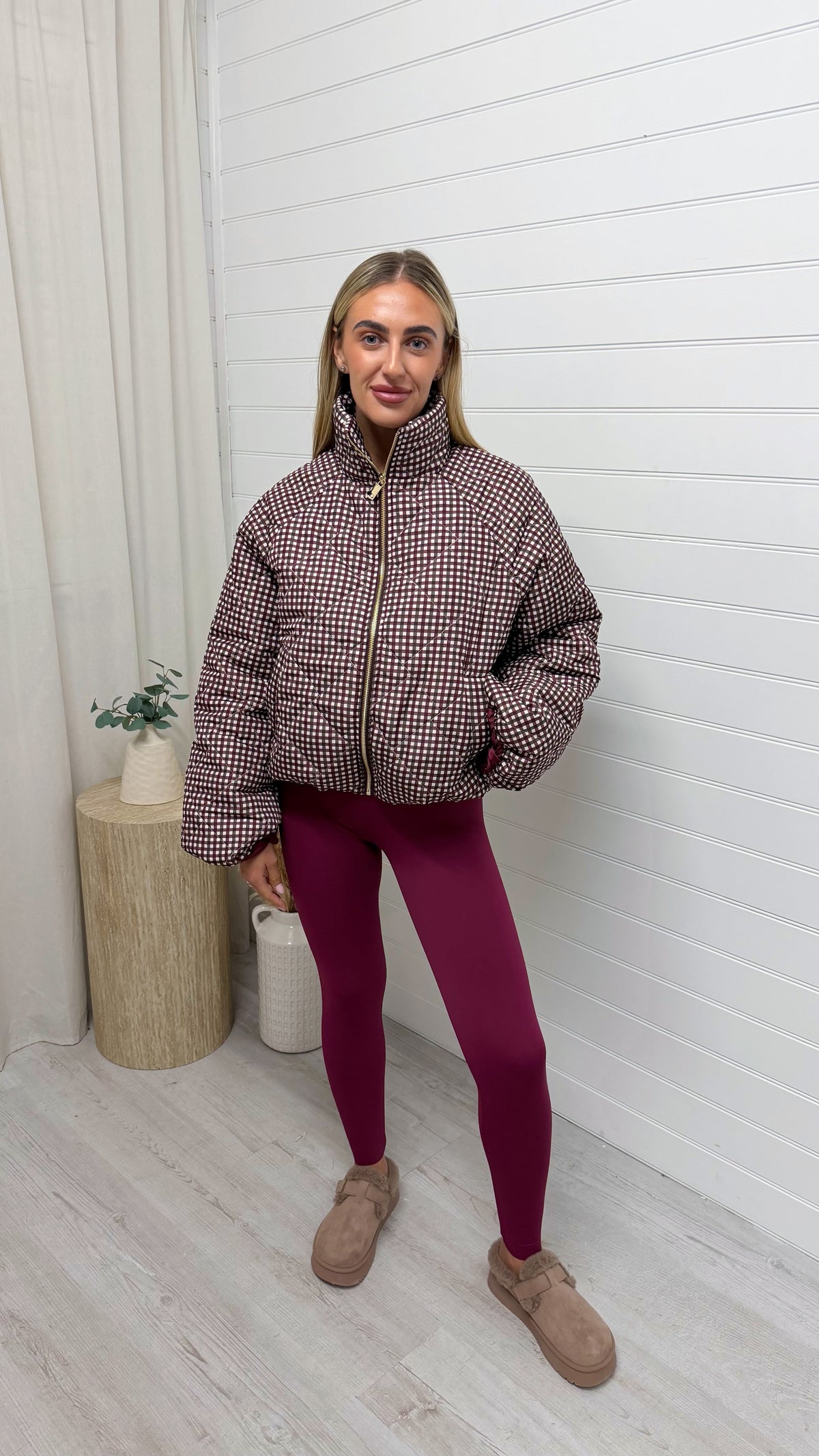 Quilted Gingham Bomber Jacket - BURGUNDY