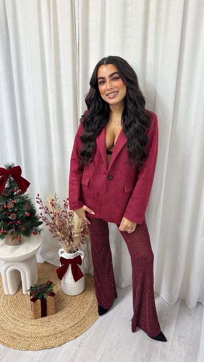 Rhinestone Mesh Flare Trousers - WINE