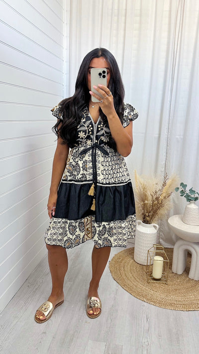 Frill Shoulder V Neck Boho Dress - BLACK
