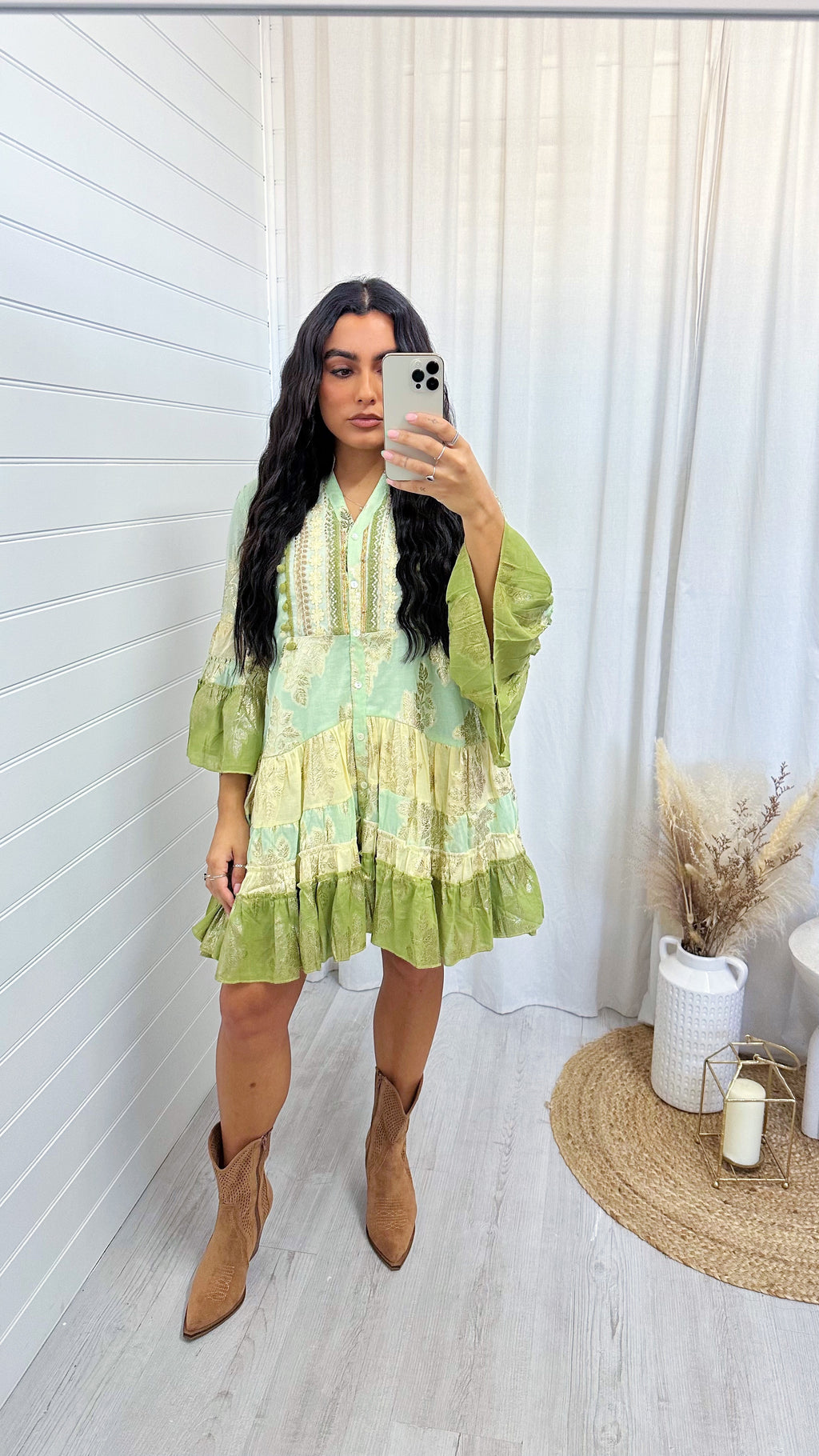 Foil Leaf Beaded Boho Smock Dress - GREEN