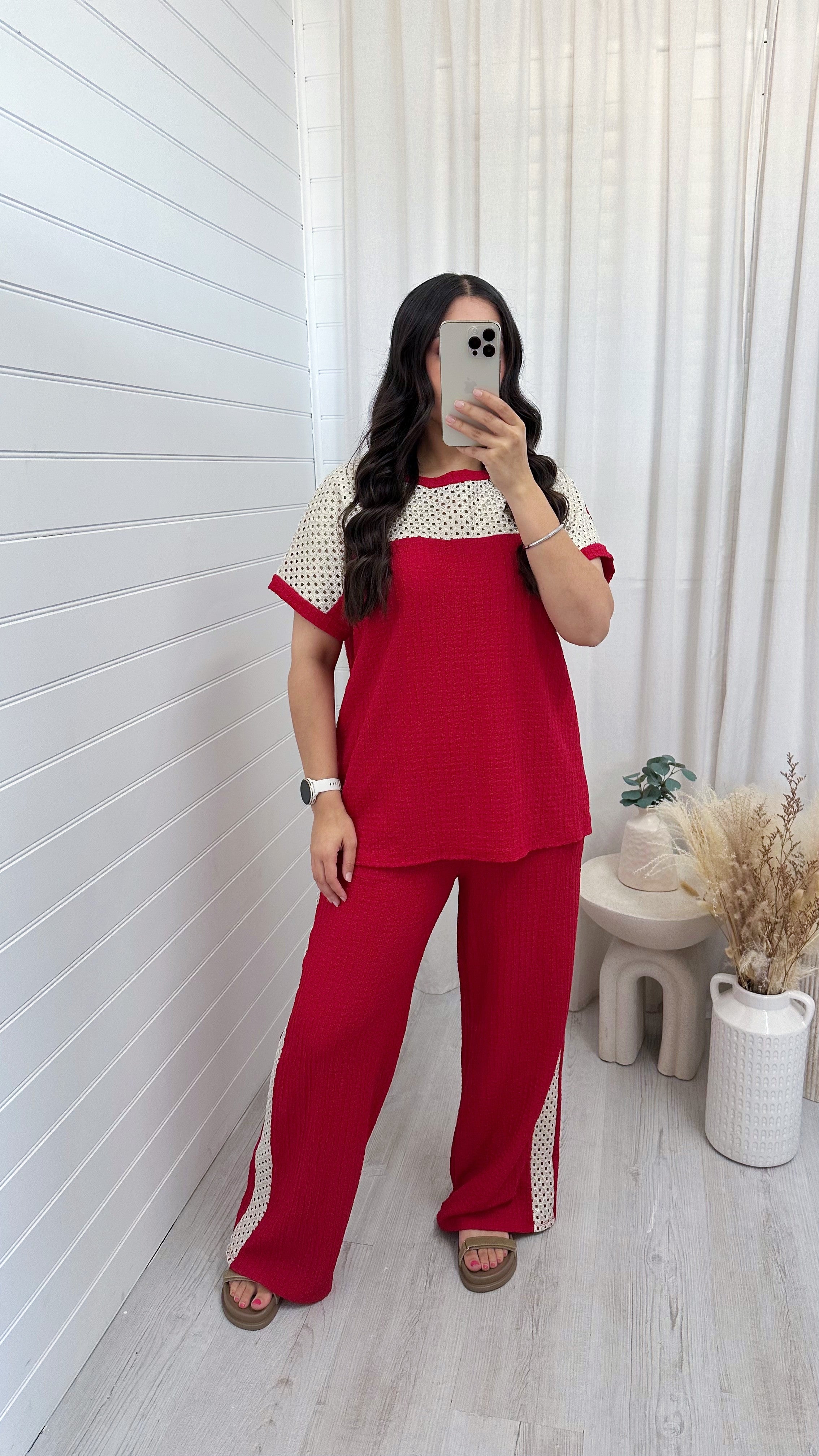 Metallic Mesh T-Shirt and Trouser Co-Ord - RED