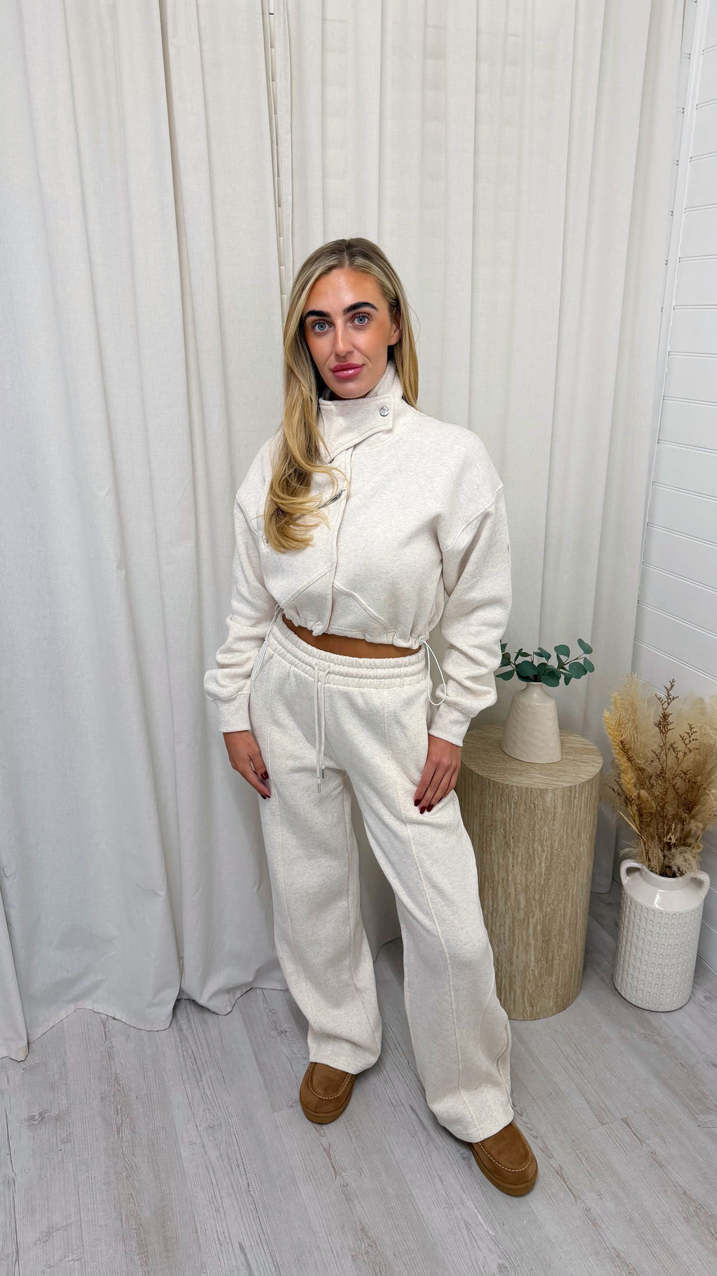 Funnel Neck Crop Jacket and Joggers Tracksuit - OAT MARL
