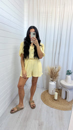 Stripey Knit Cropped Shirt and Shorts Co-Ord - LEMON
