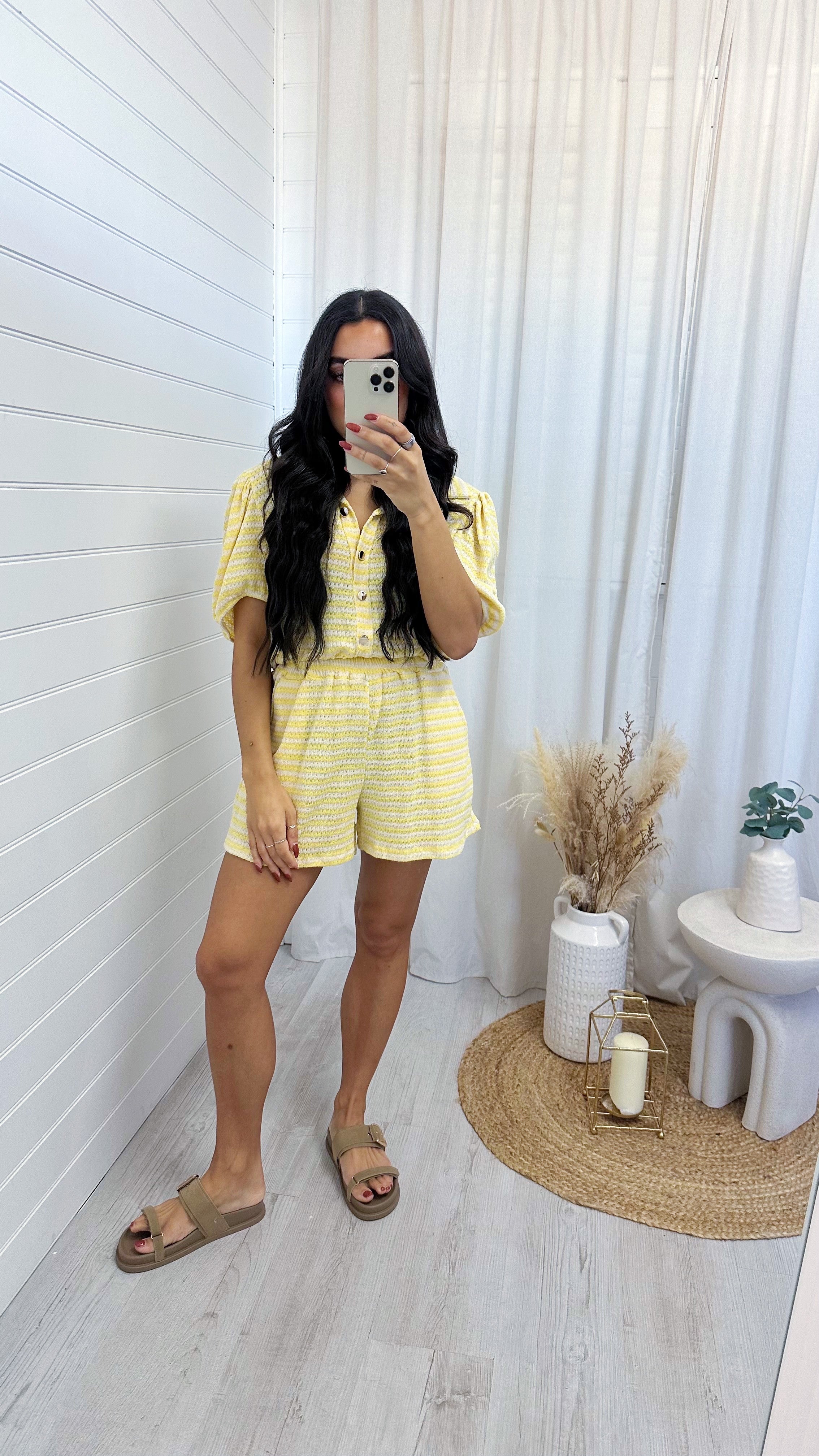 Stripey Knit Cropped Shirt and Shorts Co-Ord - LEMON