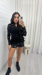 Manderin Neck Long Sleeve Lace Top - BLACK