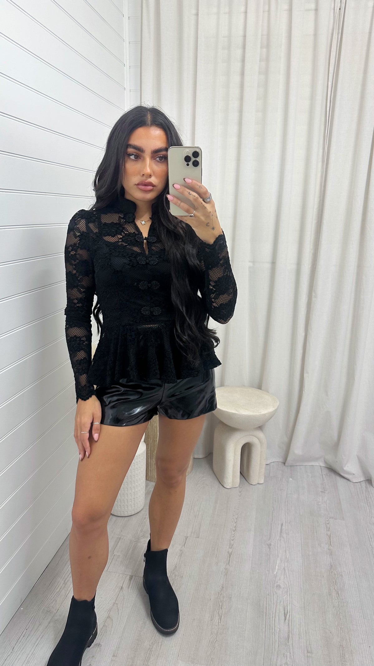 Manderin Neck Long Sleeve Lace Top - BLACK