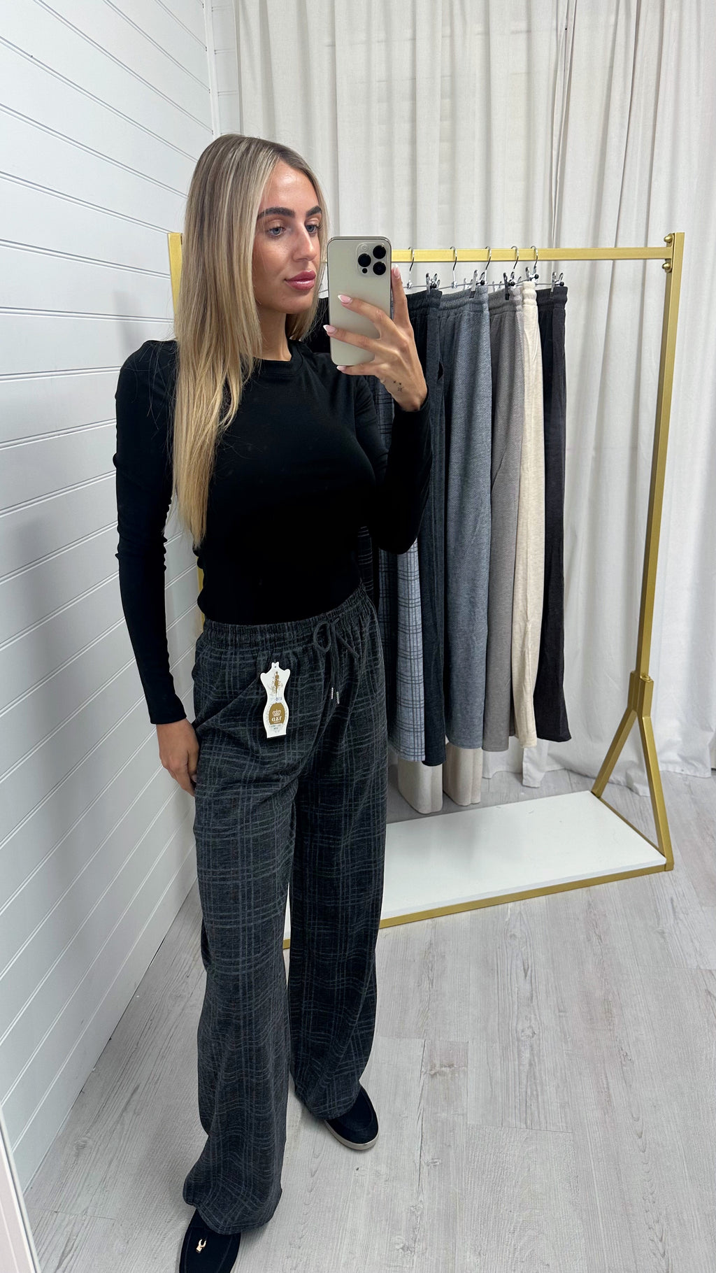 Check Wide Leg Trousers - CHARCOAL