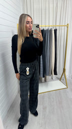 Check Wide Leg Trousers - CHARCOAL