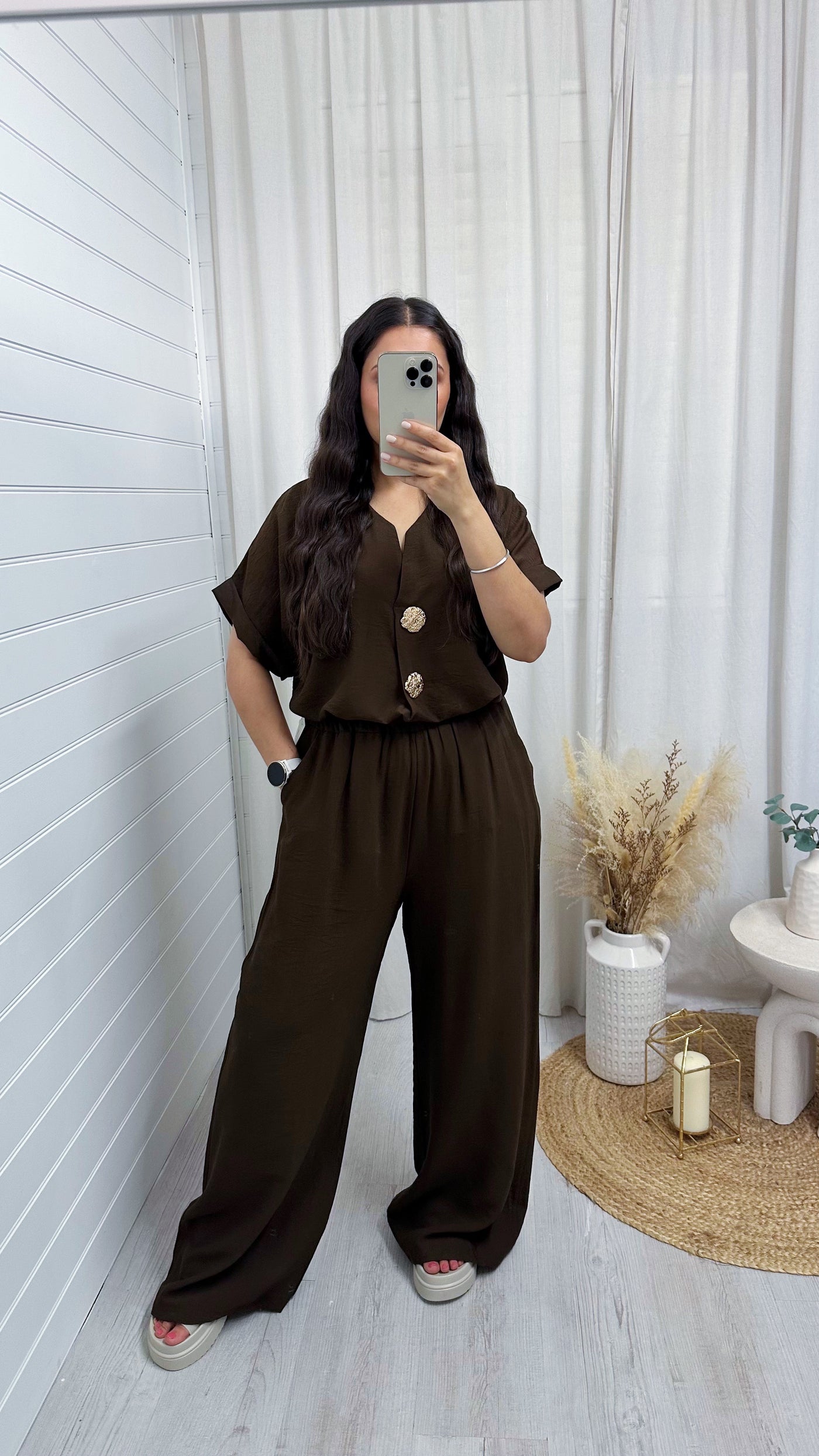 Gold Button V Neck Top and Wide Leg Trousers Co-Ord - BROWN