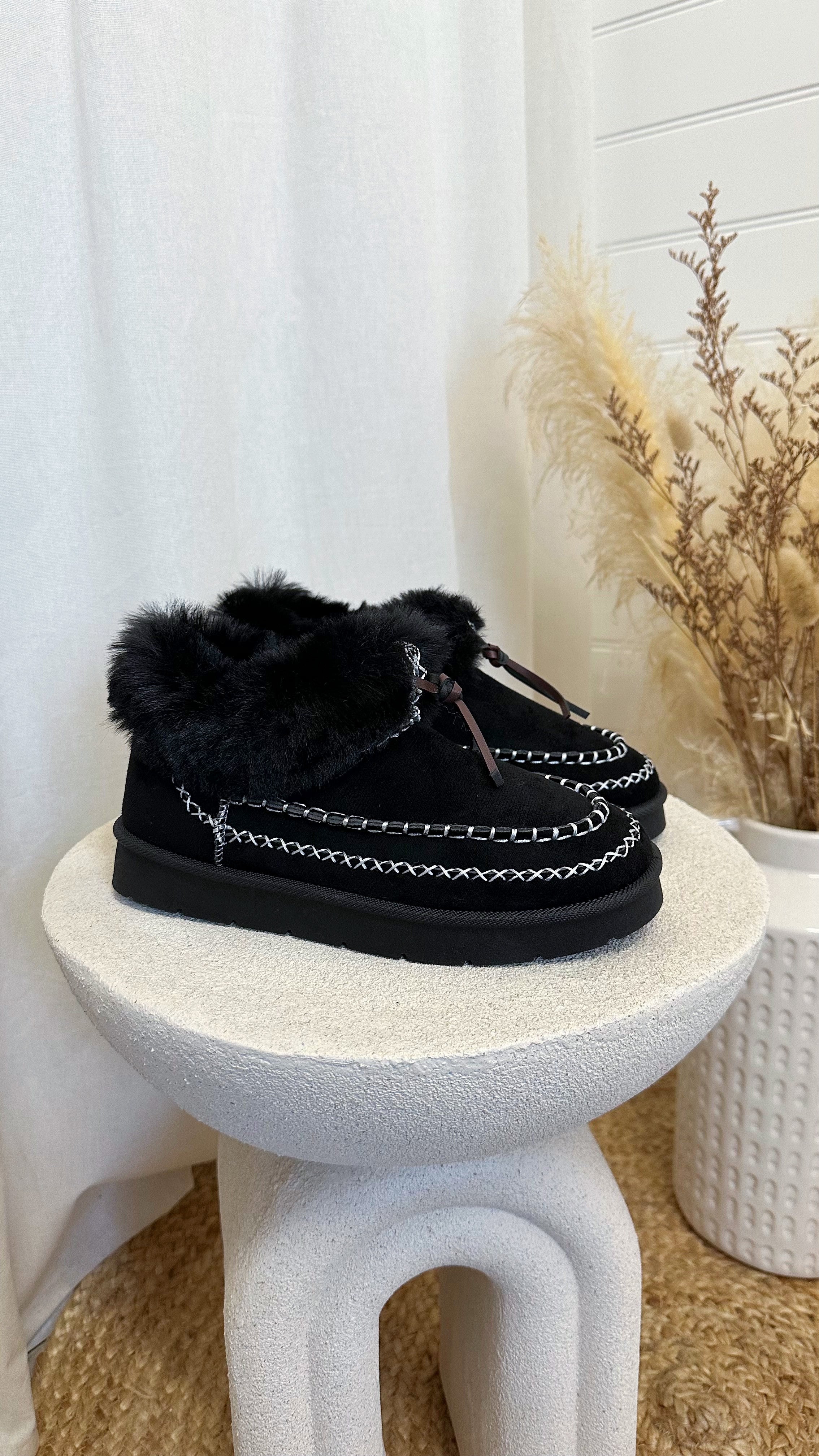 Embroidered Faux Fur Boots - BLACK