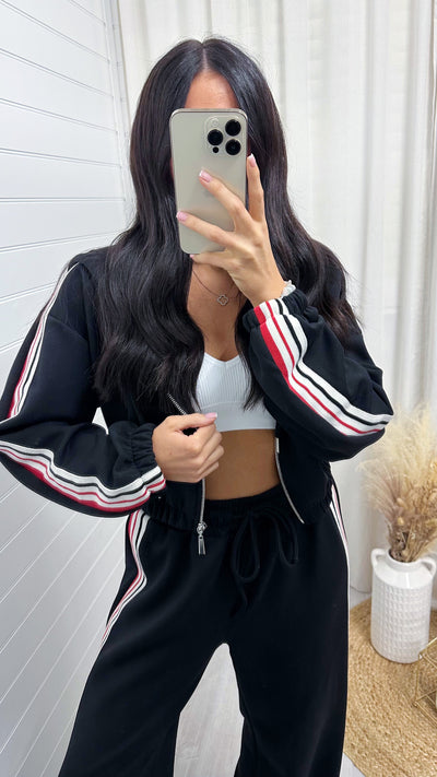 Retro Side Stripe Bomber Jacket and Joggers Tracksuit - BLACK