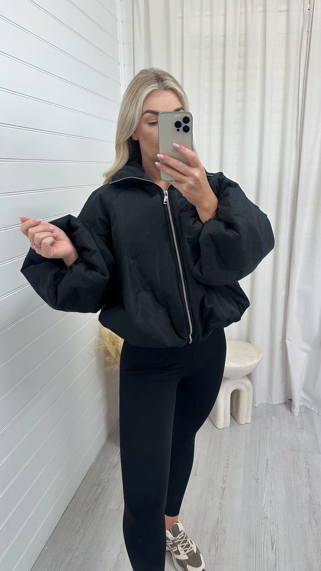 Balloon Sleeve Puffer Jacket - BLACK