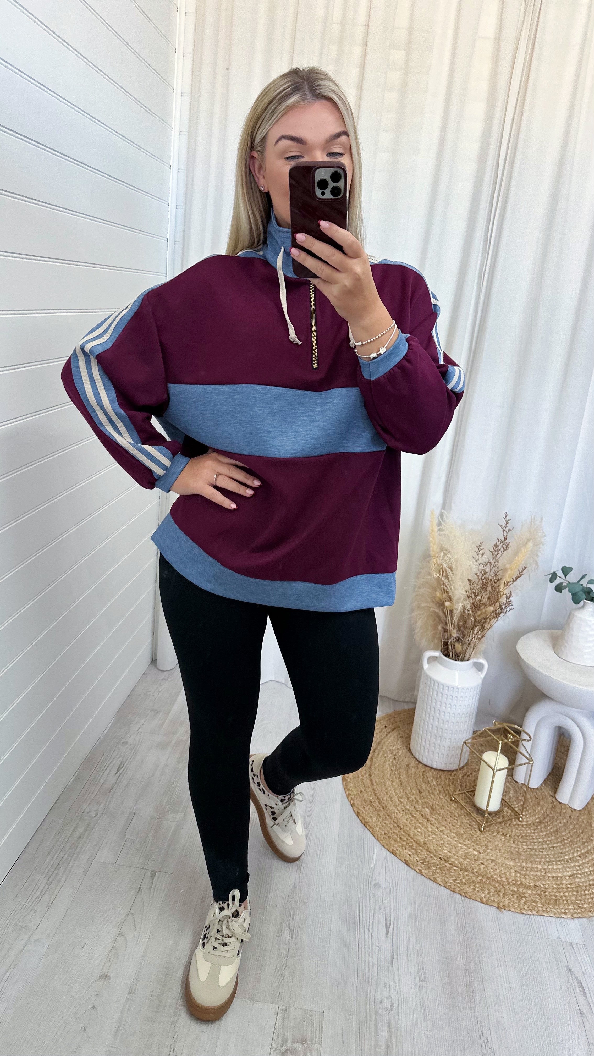 Colour Block Half Zip Sweatshirt - WINE