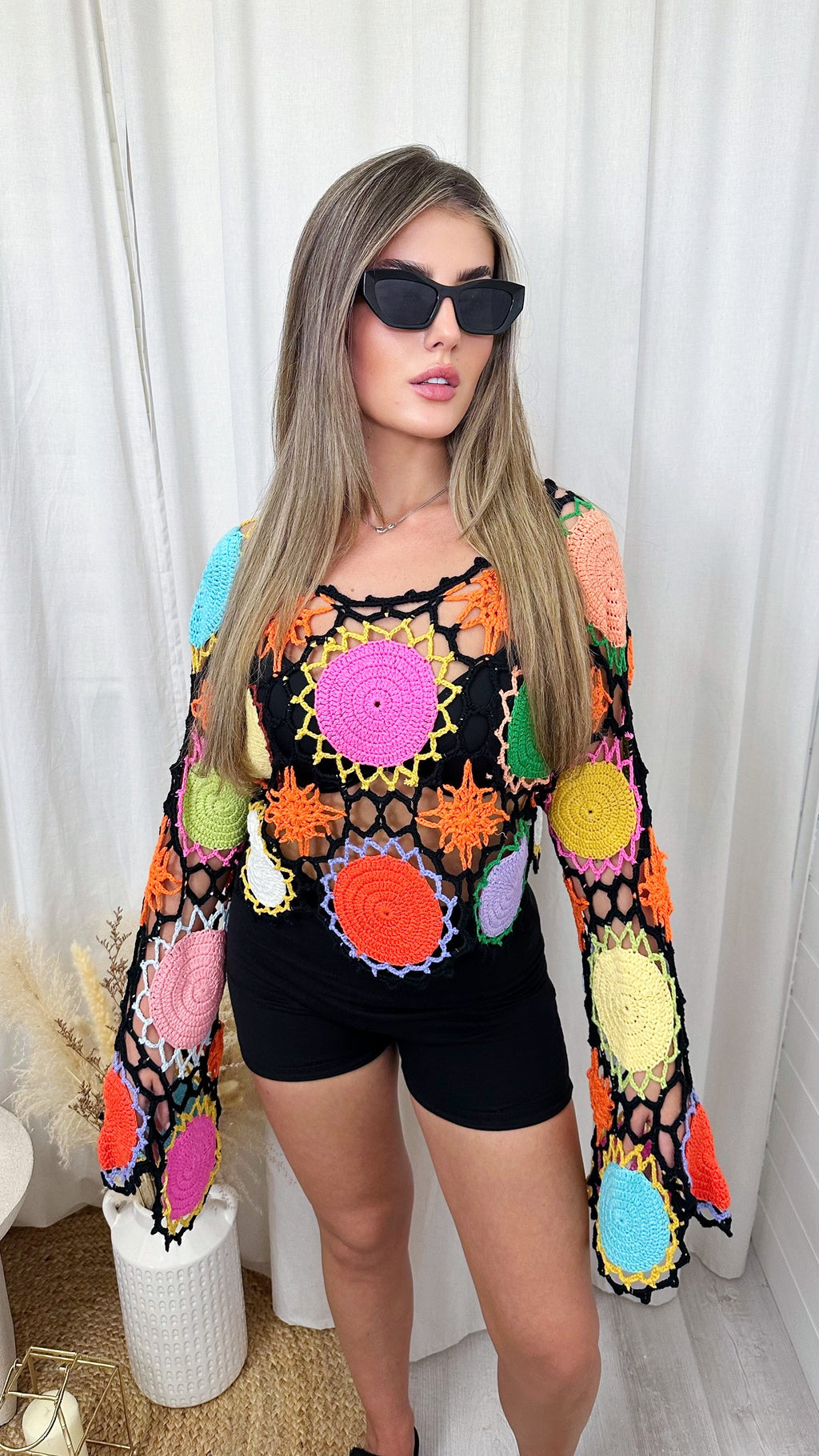 Multicolour Crochet Bell Sleeve Boho Top - BLACK